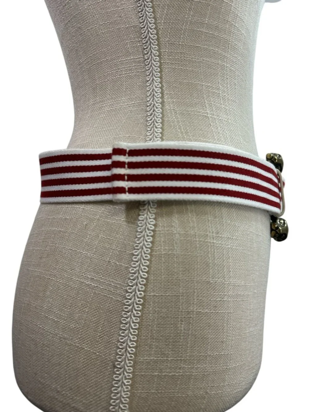 Brass Jaguar Head Buckle Red White Stripe Statement Belt Womens